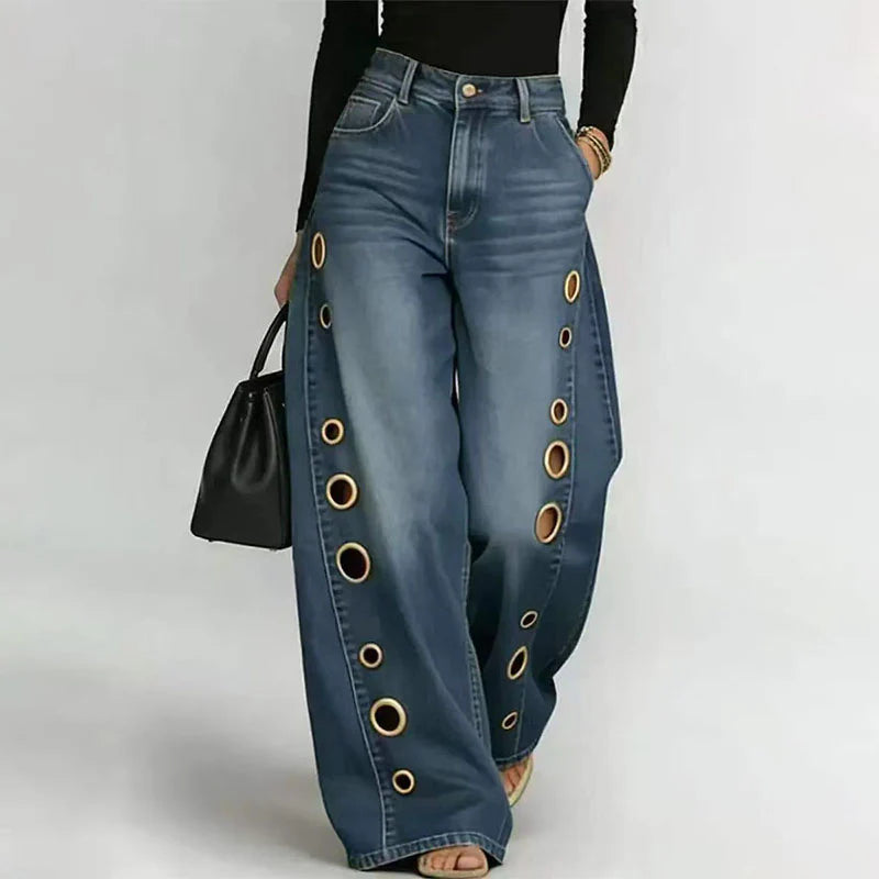 Retro Eyelet-Detail Wide-Leg Jeans
