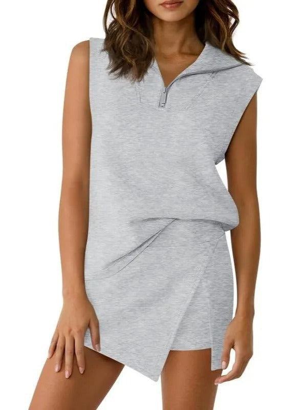 Zippered sleeveless top and skirt two-piece set
