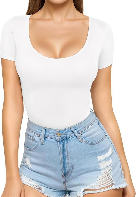 Women's low-cut round neck short-sleeved slim-fit T-shirt