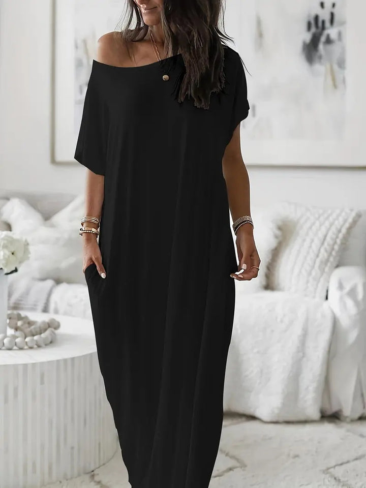 Solid color short-sleeved long casual dress