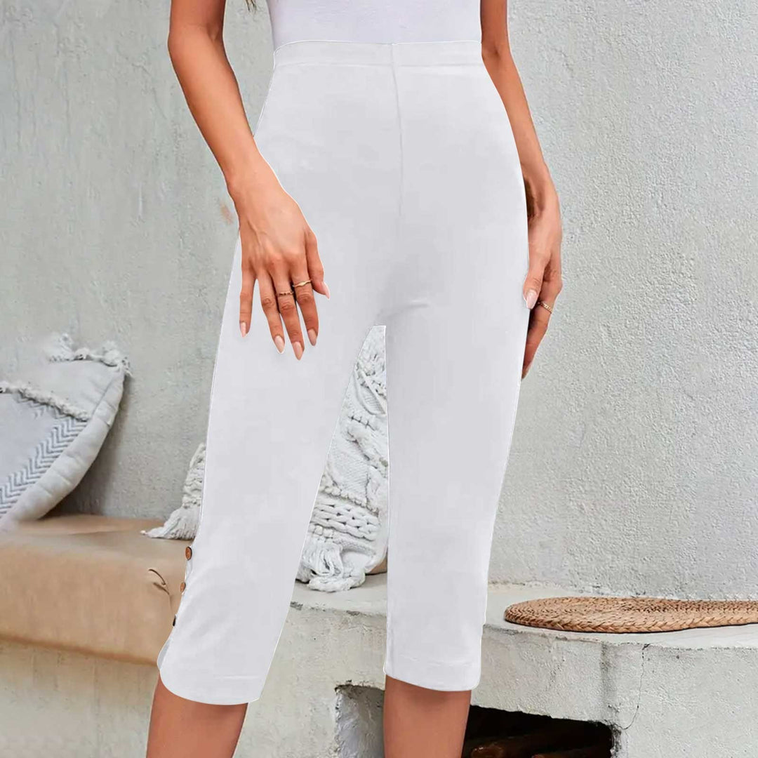 Summer Elastic Button High-Waisted Capri Pants