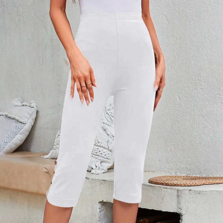 Summer Elastic Button High-Waisted Capri Pants