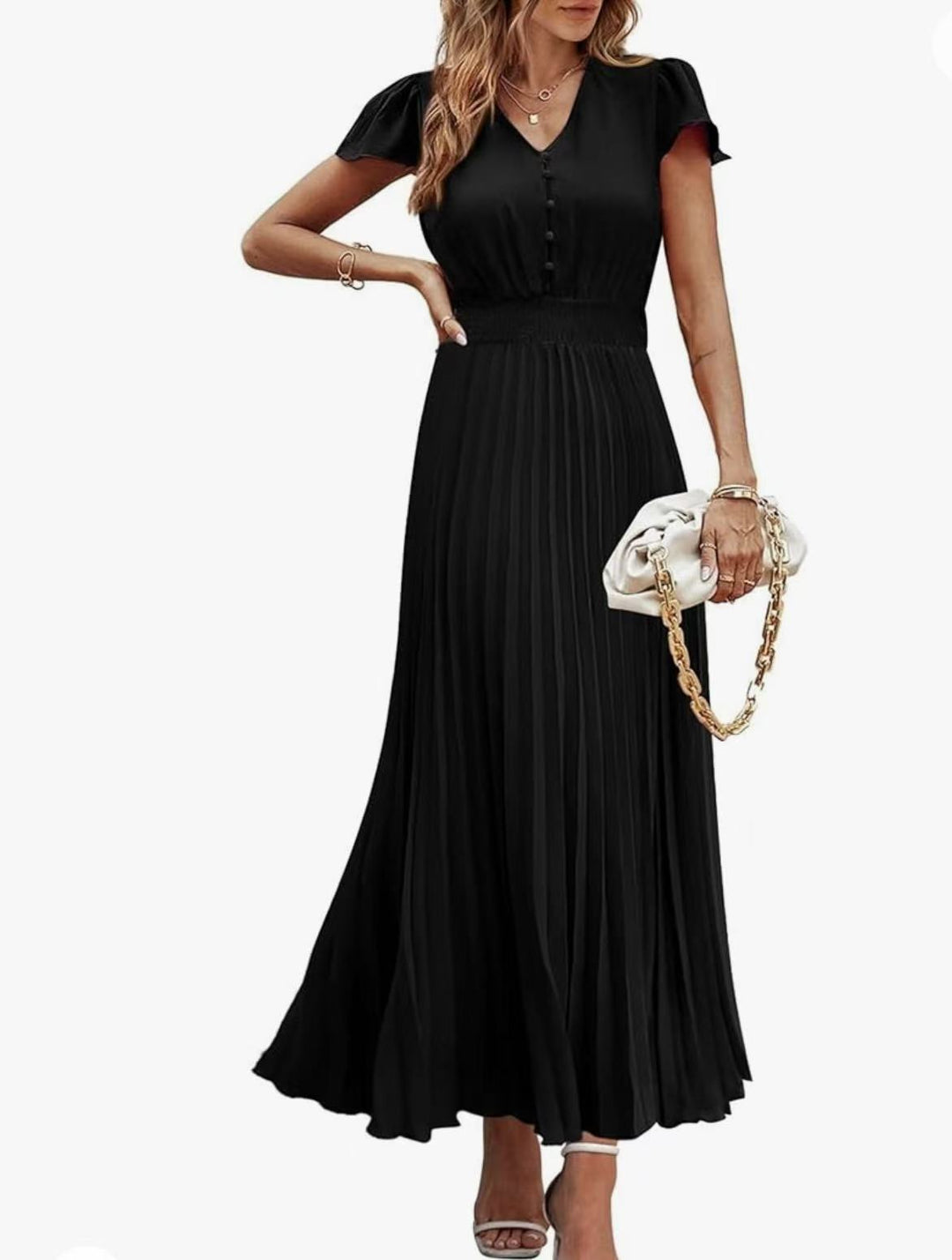 V-neck women's short-sleeved belted pleated dress