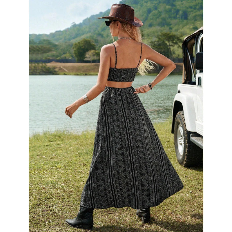 Printed backless halter-neck slit resort dress