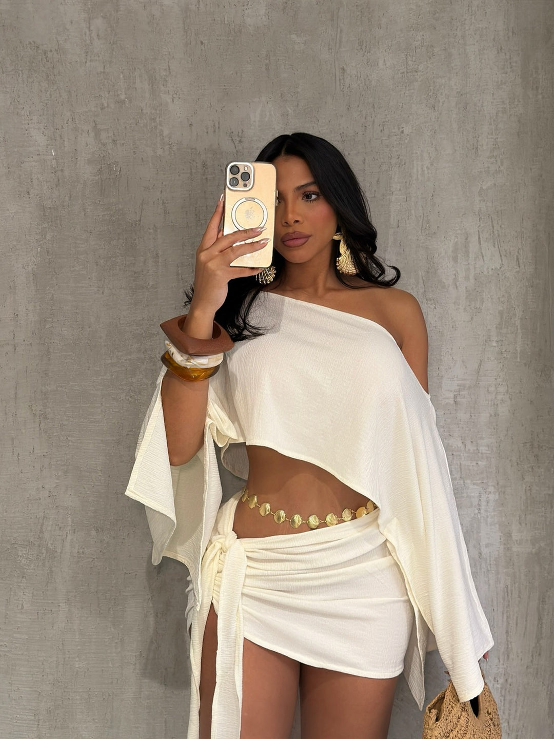 Off-shoulder top and bodycon mini skirt set