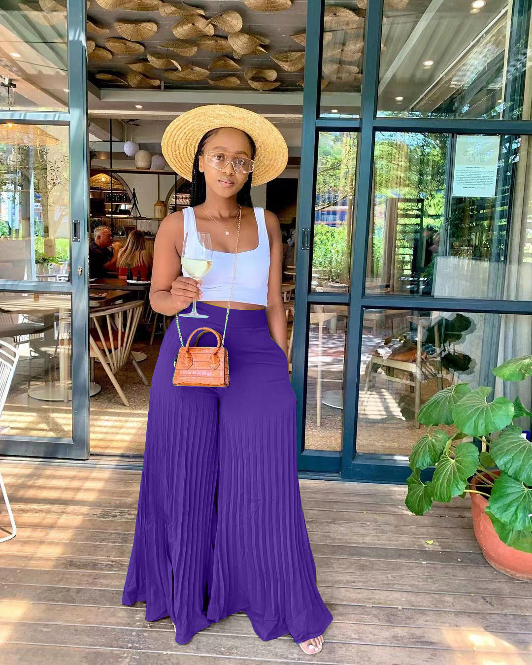 Women's Elastic Waist Pleated Wide-Leg Pants