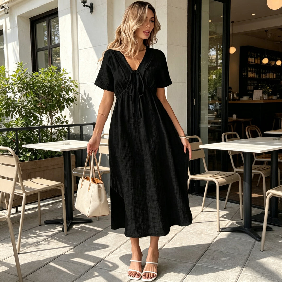 V-neck pure cotton loose long dress