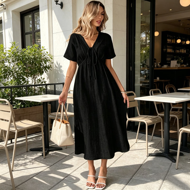 V-neck pure cotton loose long dress