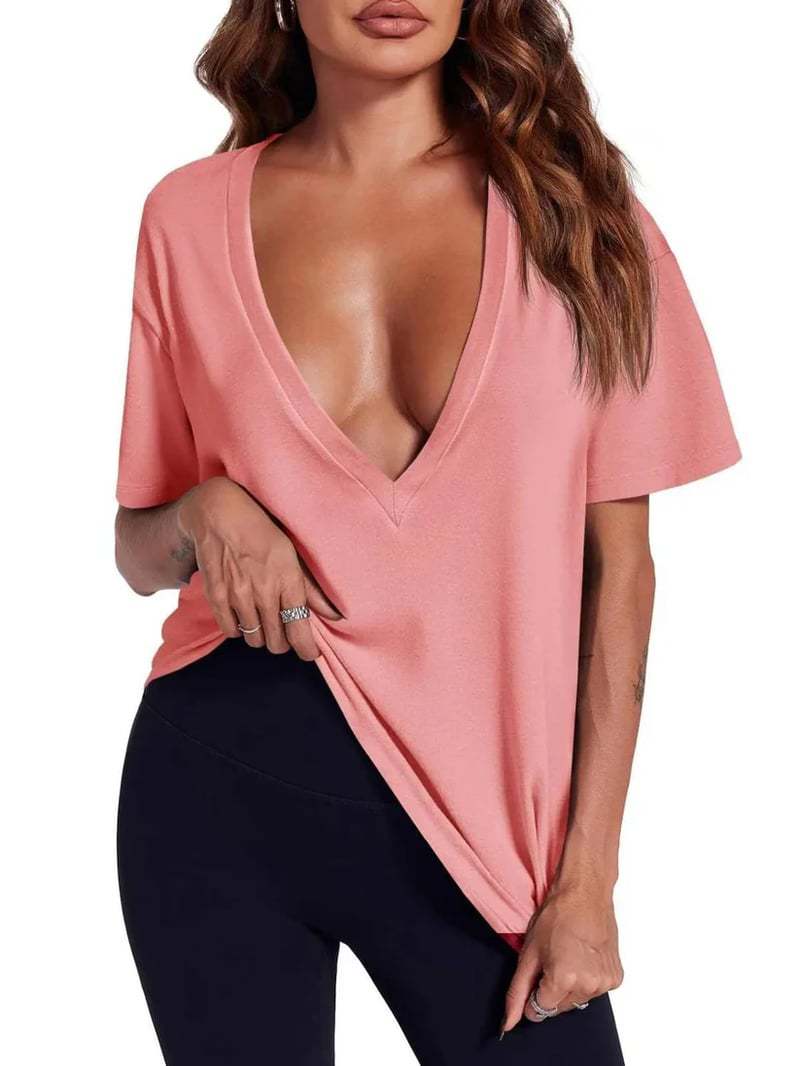 Solid color deep V-neck short-sleeved T-shirt