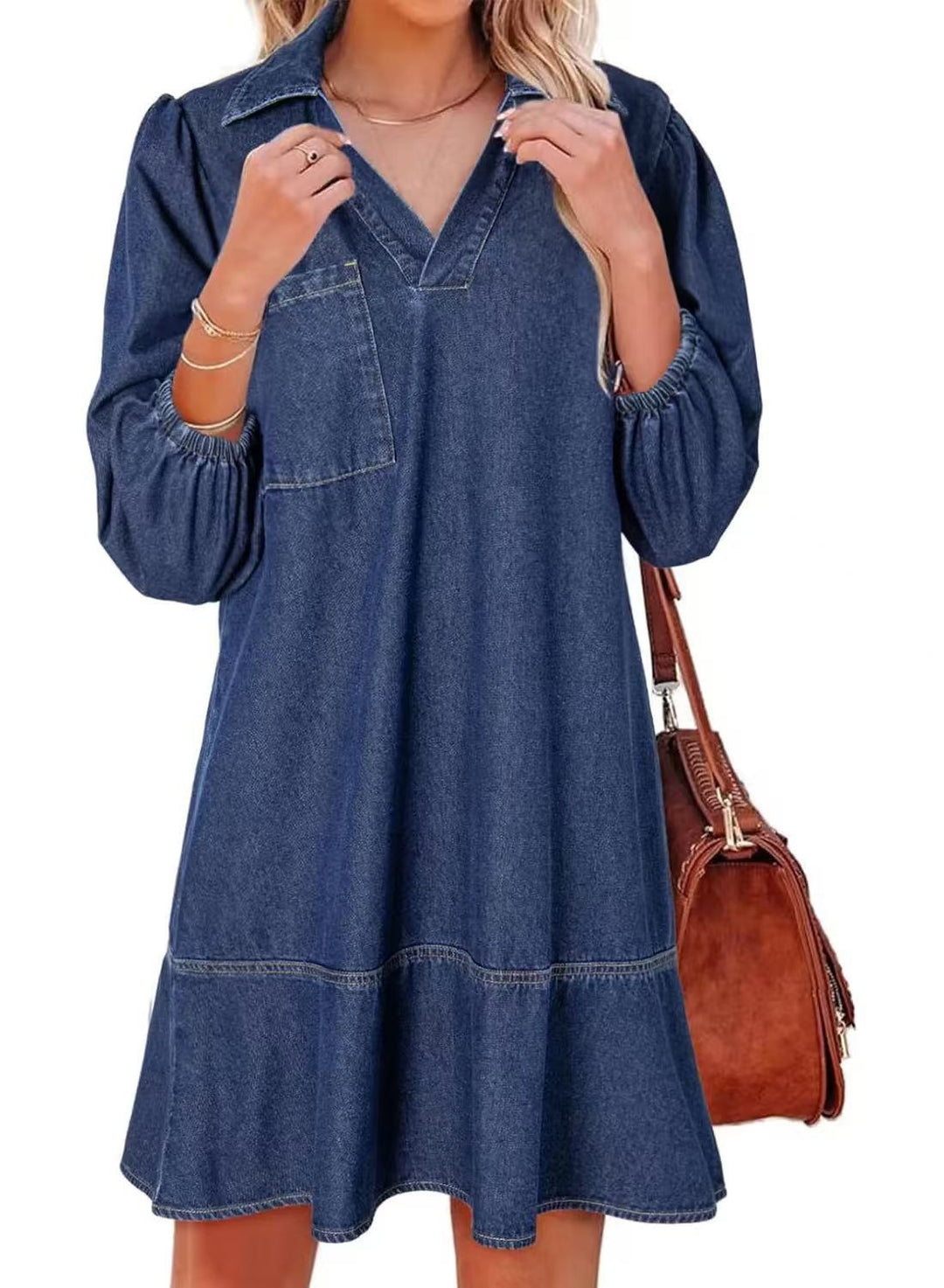 Casual V-neck puff sleeve denim skirt