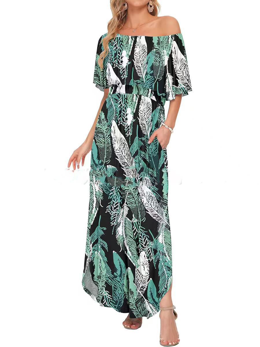 Printed off-shoulder short-sleeved long dress