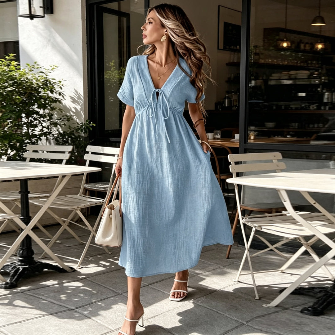 V-neck pure cotton loose long dress