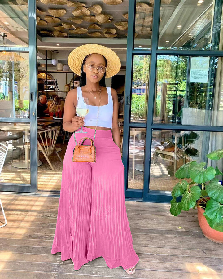Women's Elastic Waist Pleated Wide-Leg Pants