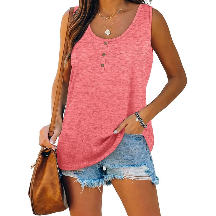 Solid color button loose crew neck sleeveless t-shirt