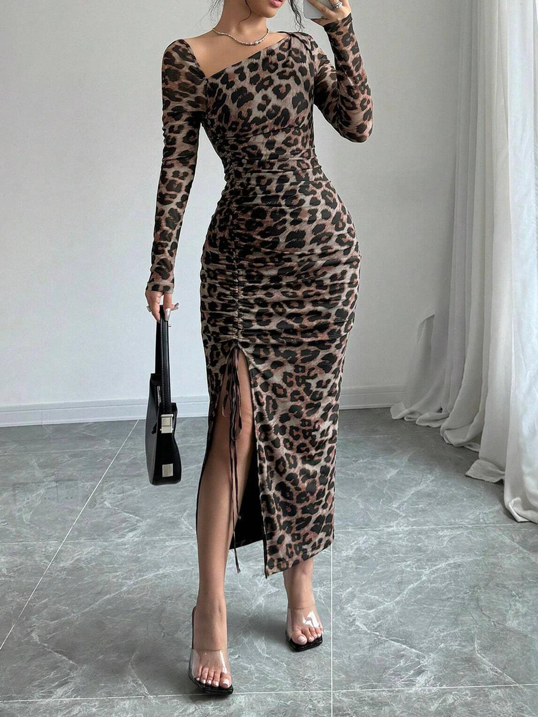 Slim-fit drawstring long-sleeved leopard print dress
