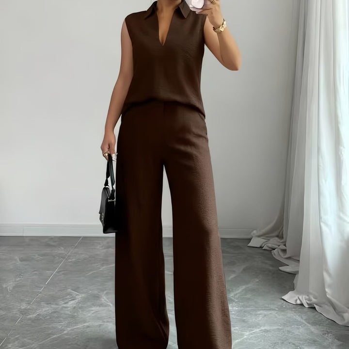 V-neck sleeveless top and loose straight-leg pants set