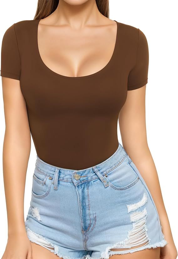 Women's low-cut round neck short-sleeved slim-fit T-shirt