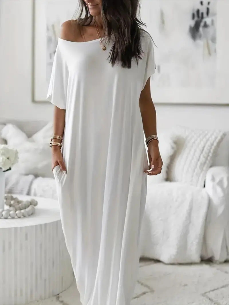 Solid color short-sleeved long casual dress