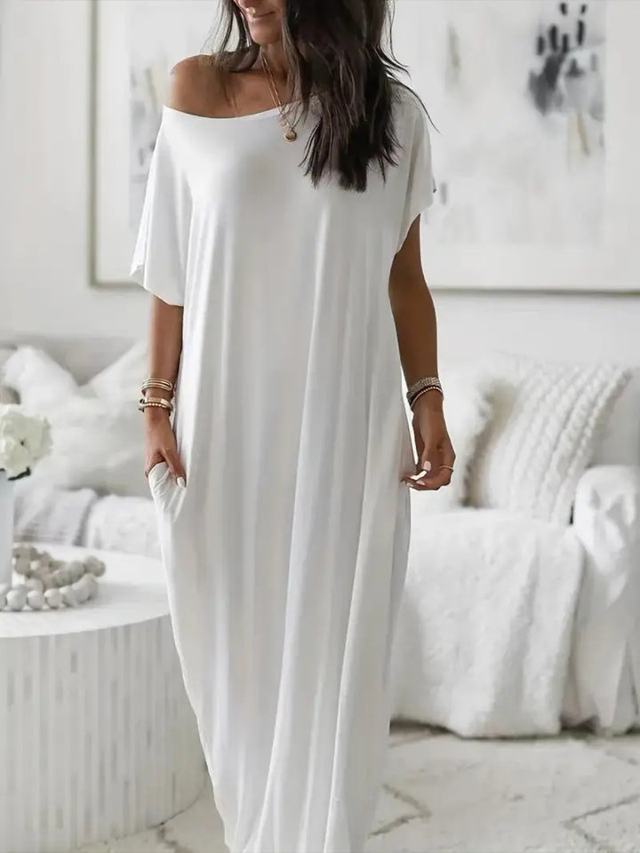 Solid color short-sleeved long casual dress
