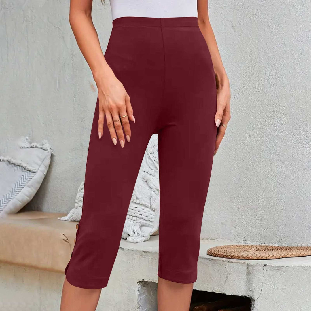 Summer Elastic Button High-Waisted Capri Pants