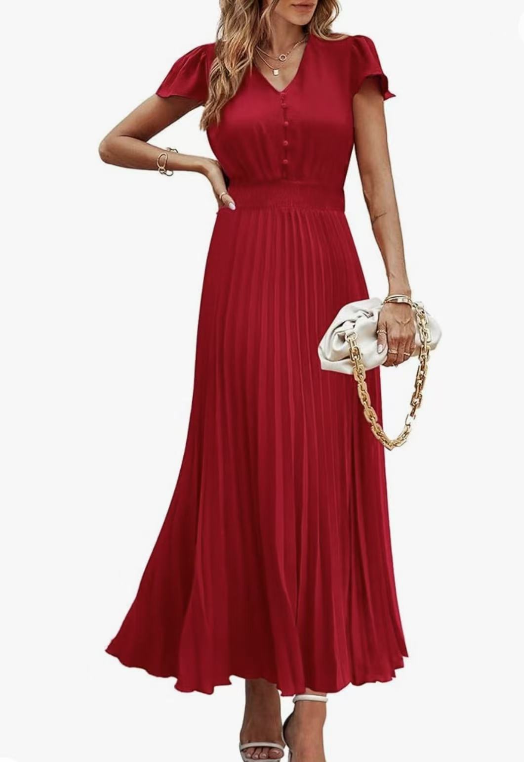 V-neck women's short-sleeved belted pleated dress