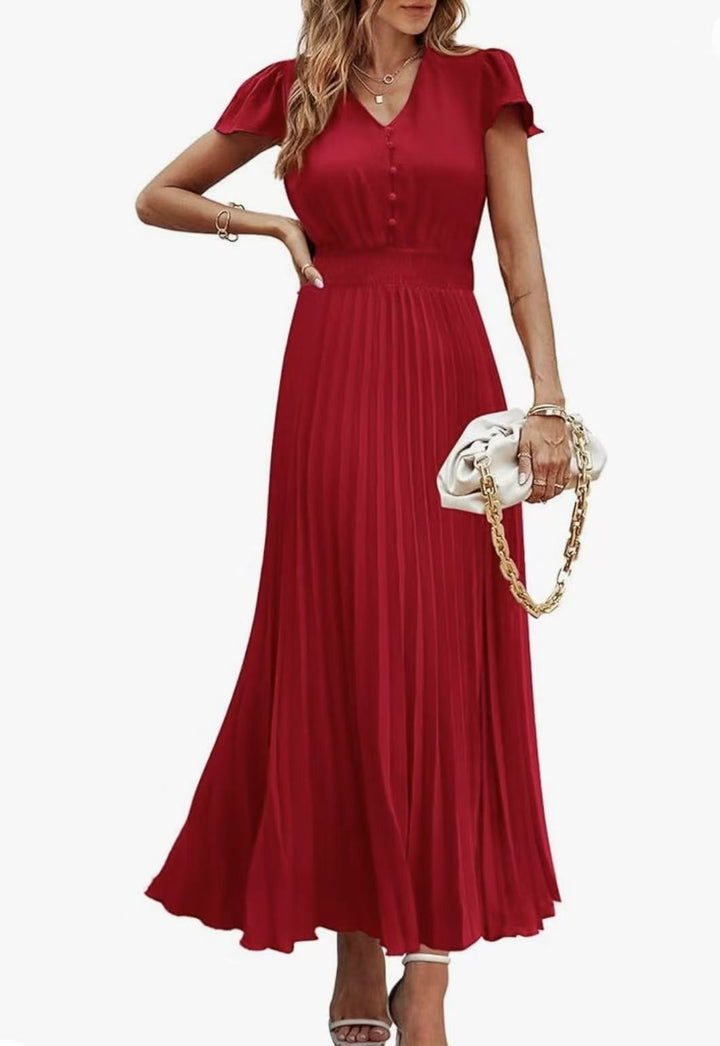 V-neck women's short-sleeved belted pleated dress