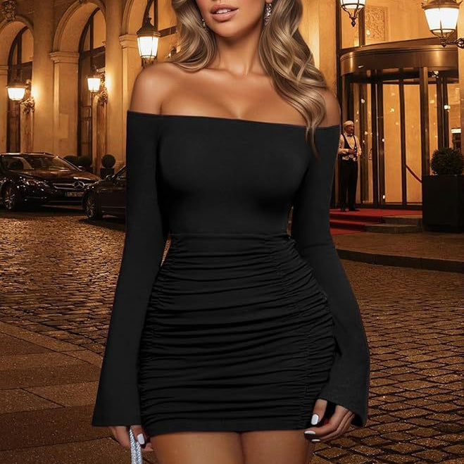 Solid color fashionable off-shoulder long-sleeved dress