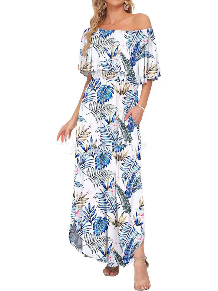Printed off-shoulder short-sleeved long dress