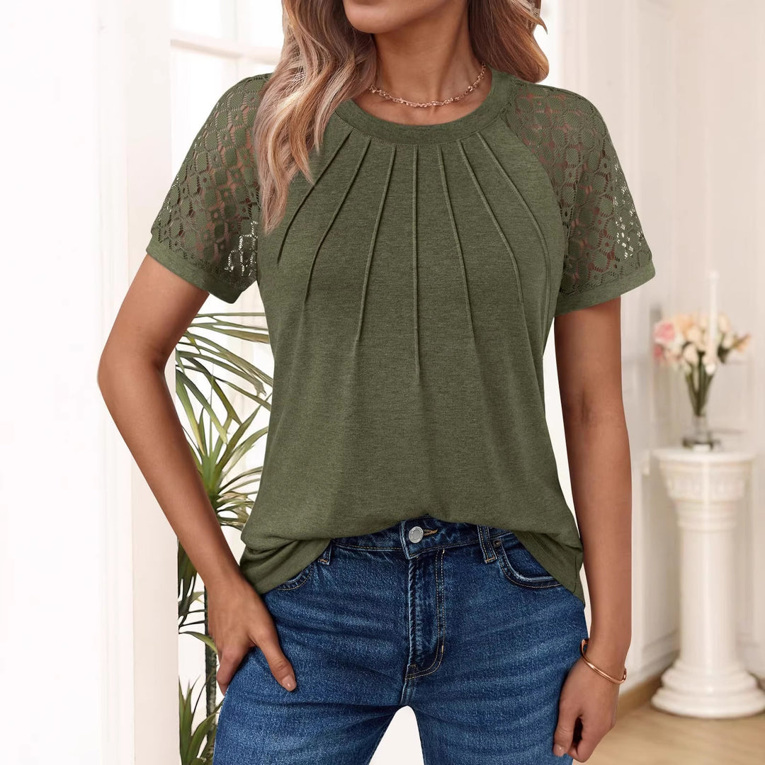 Round neck T-shirt with lace cutouts short sleeves