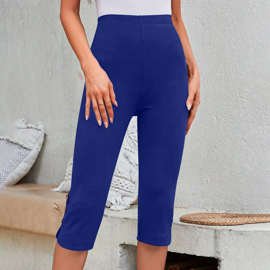 Summer Elastic Button High-Waisted Capri Pants