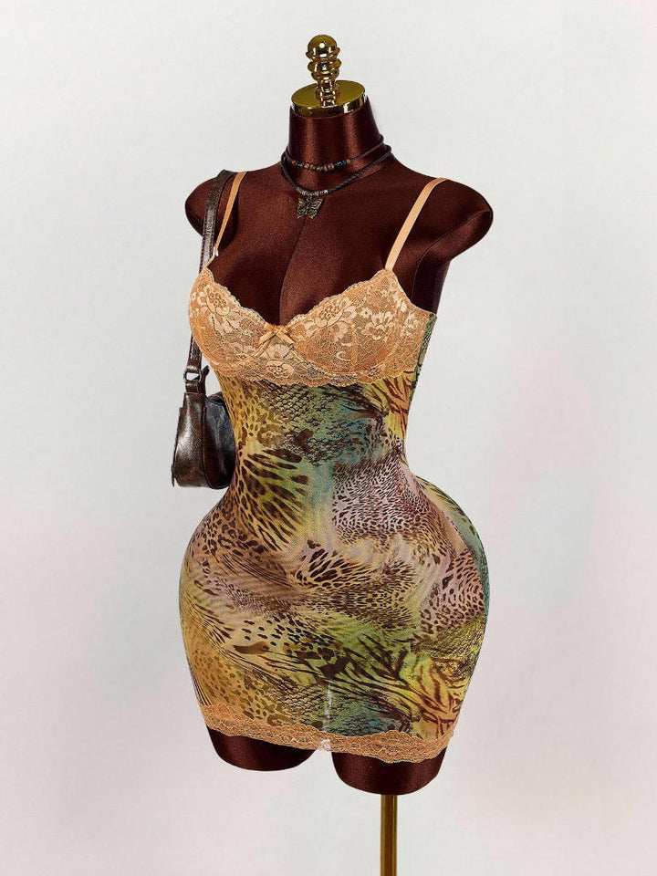 Leopard print backless halter mini dress