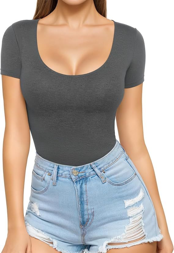 Women's low-cut round neck short-sleeved slim-fit T-shirt