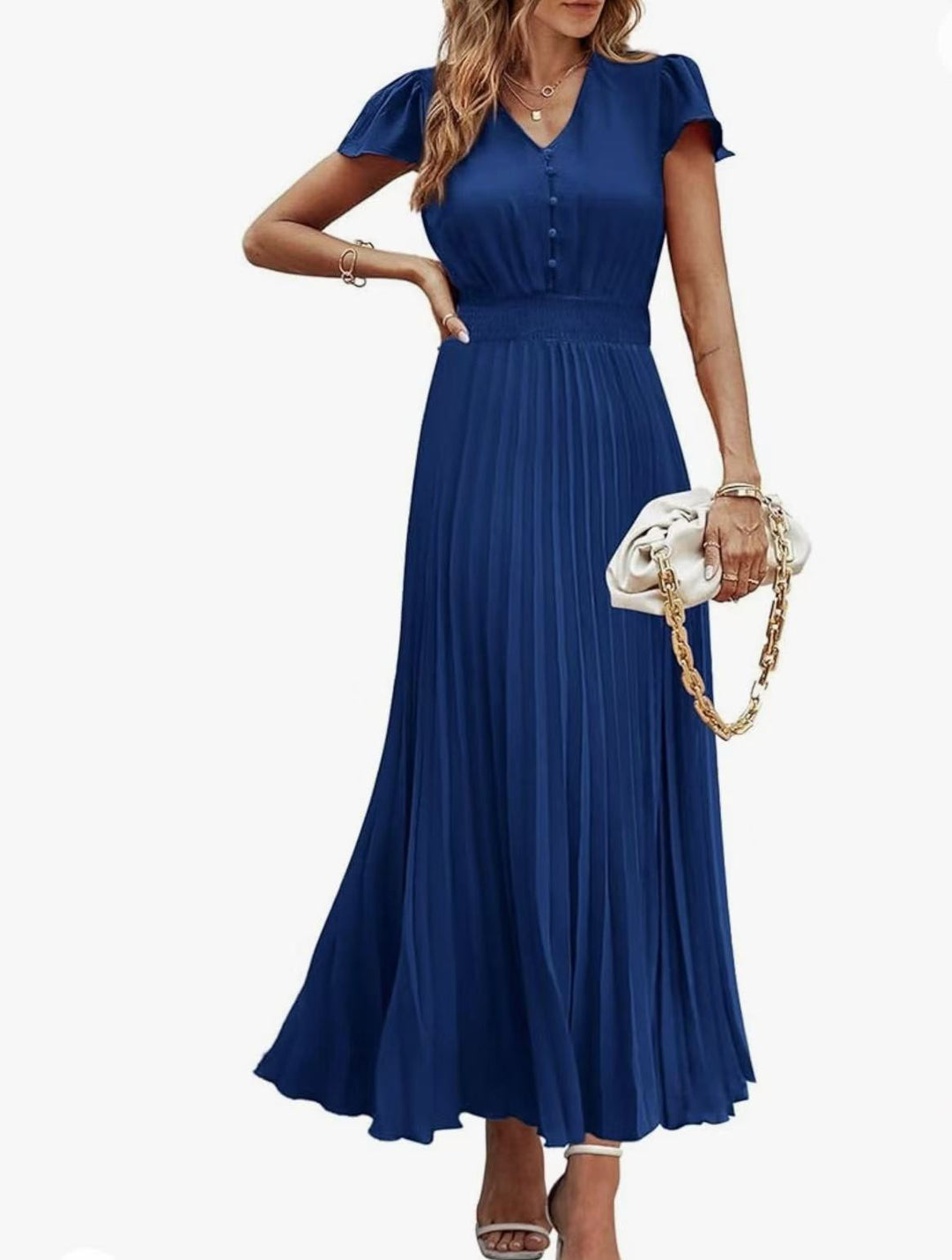 V-neck women's short-sleeved belted pleated dress