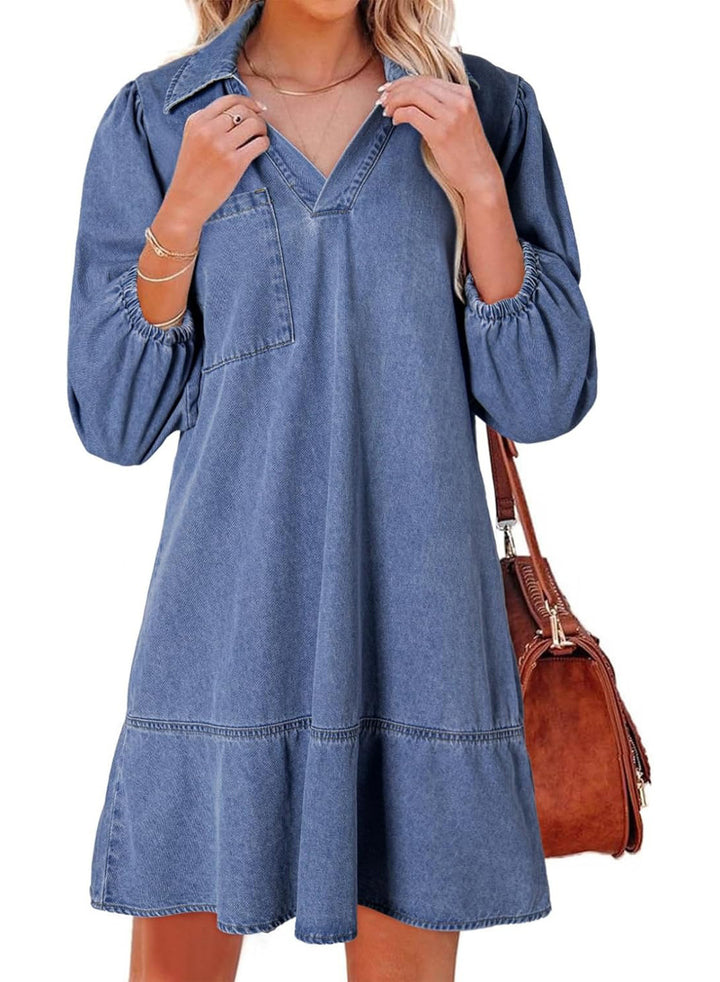 Casual V-neck puff sleeve denim skirt