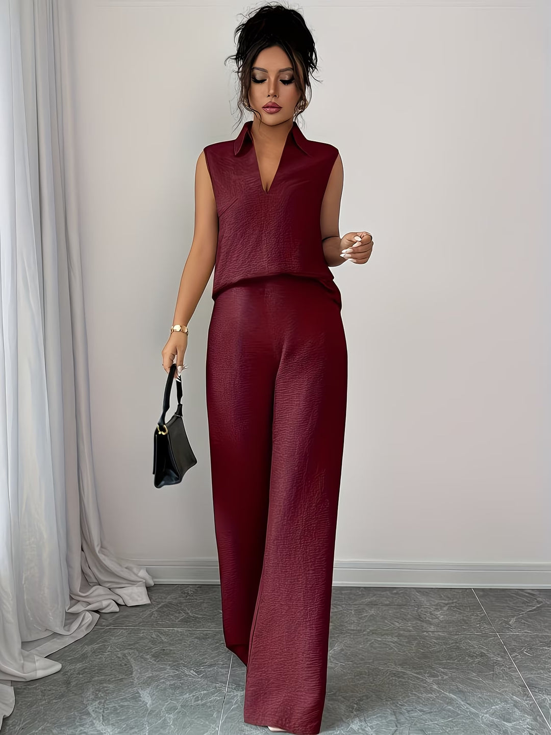 V-neck sleeveless top and loose straight-leg pants set
