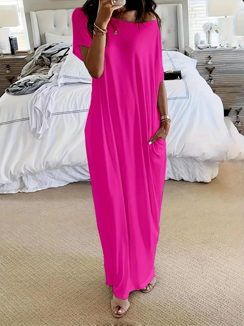 Solid color short-sleeved long casual dress