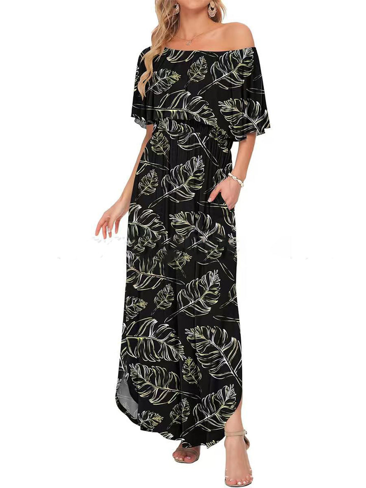 Printed off-shoulder short-sleeved long dress