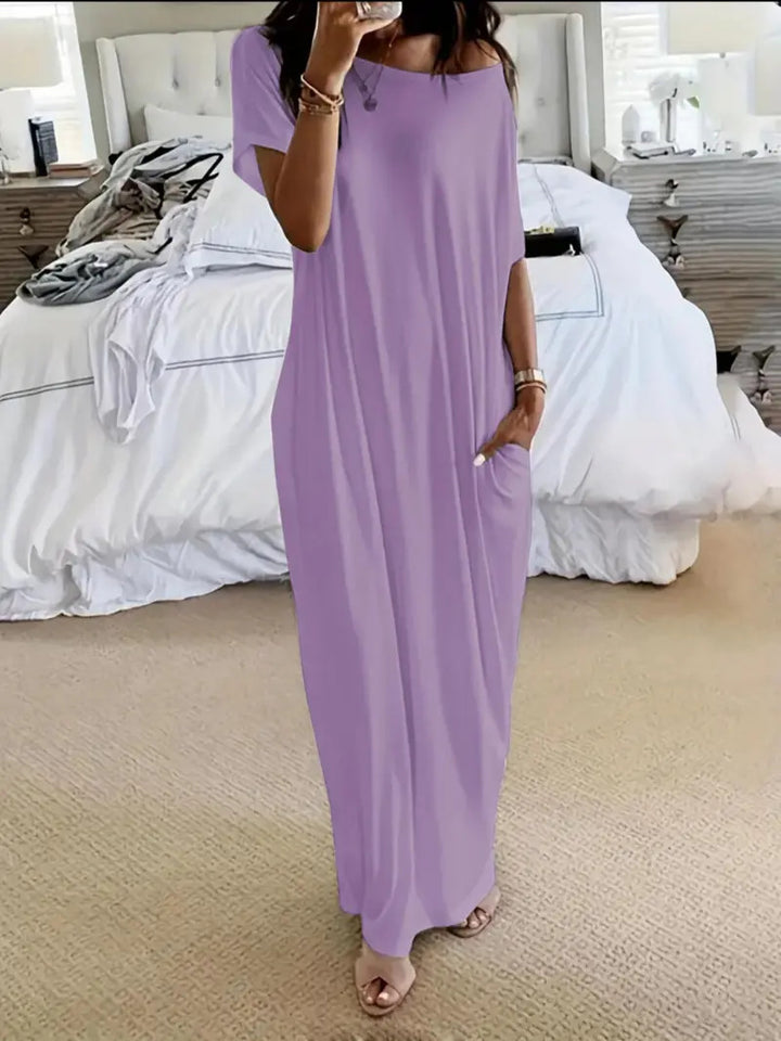 Solid color short-sleeved long casual dress