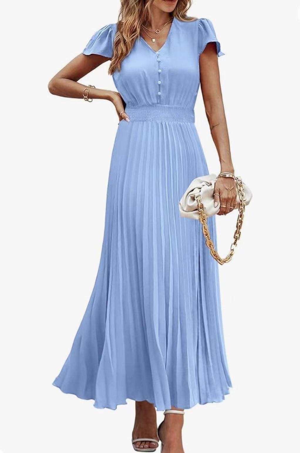 V-neck women's short-sleeved belted pleated dress