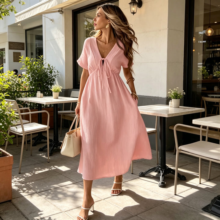 V-neck pure cotton loose long dress