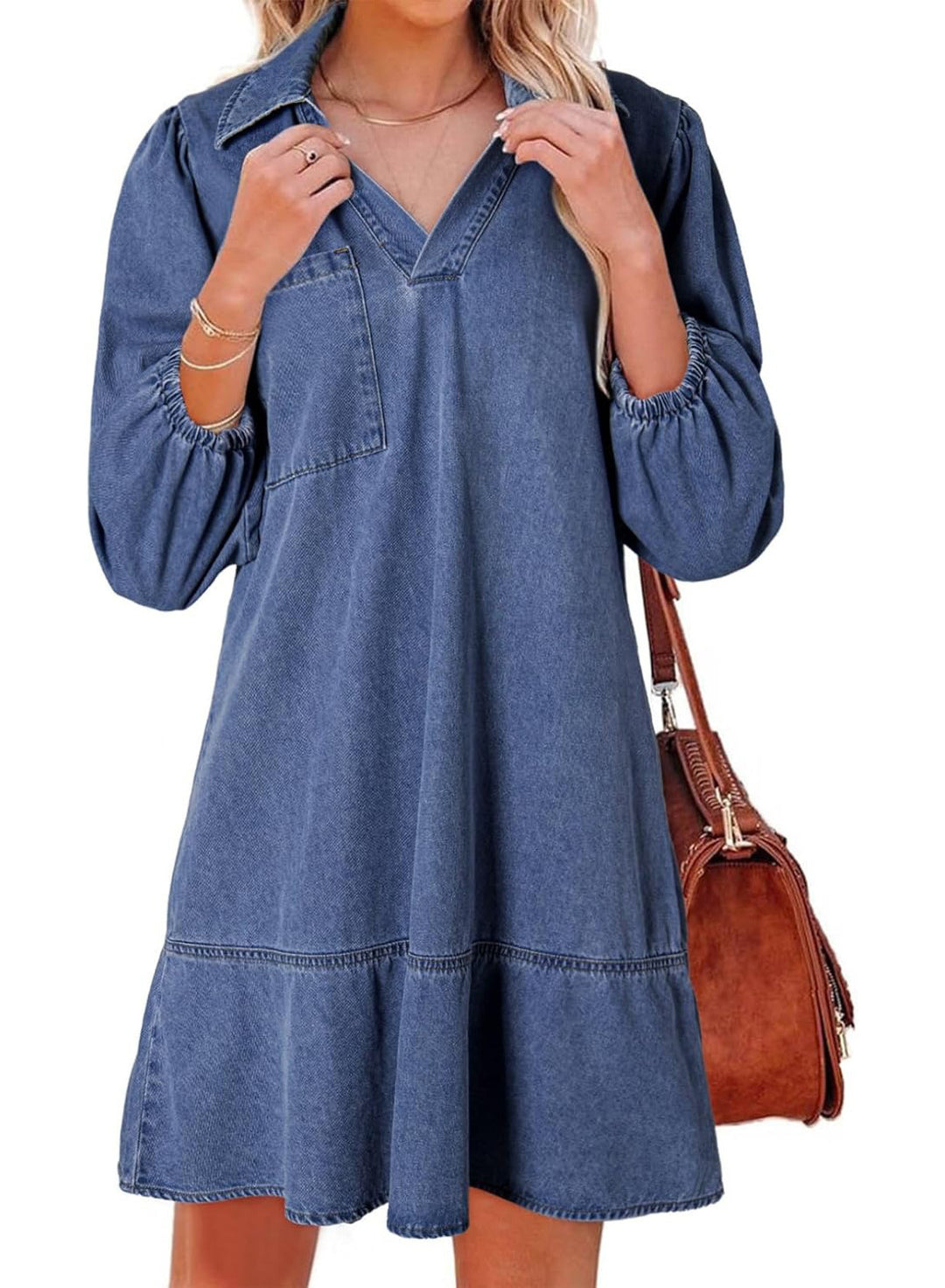 Casual V-neck puff sleeve denim skirt