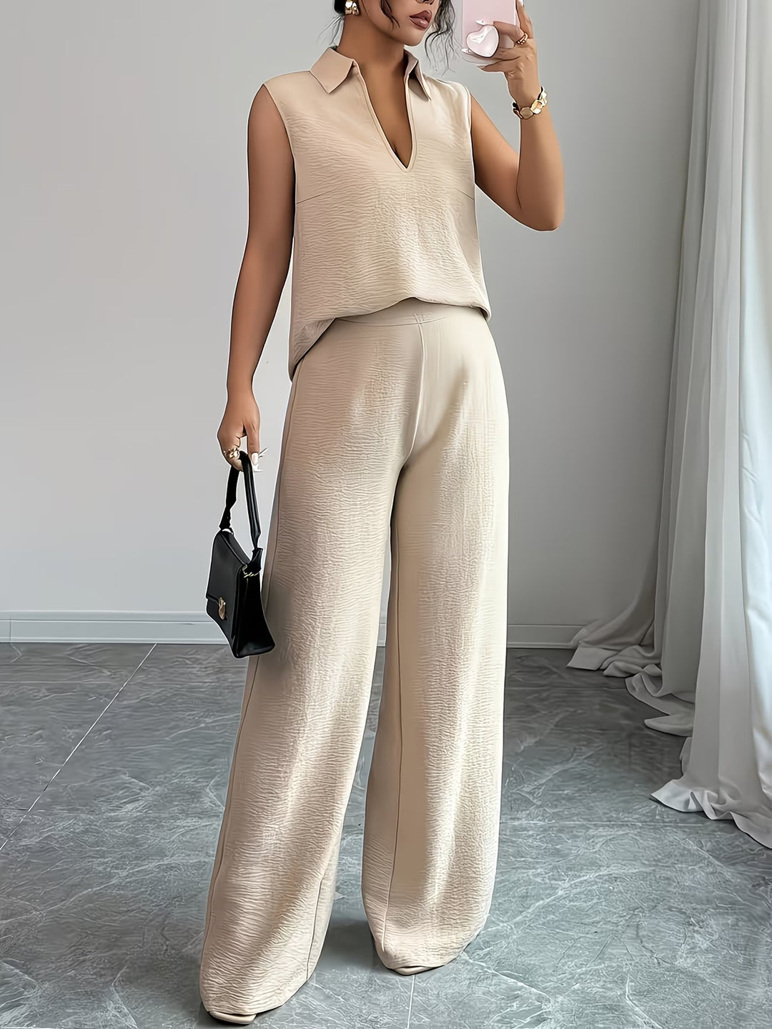 V-neck sleeveless top and loose straight-leg pants set