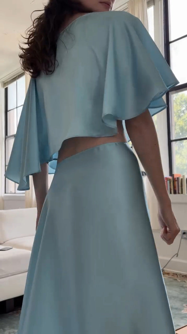 Solid color satin long skirt suit