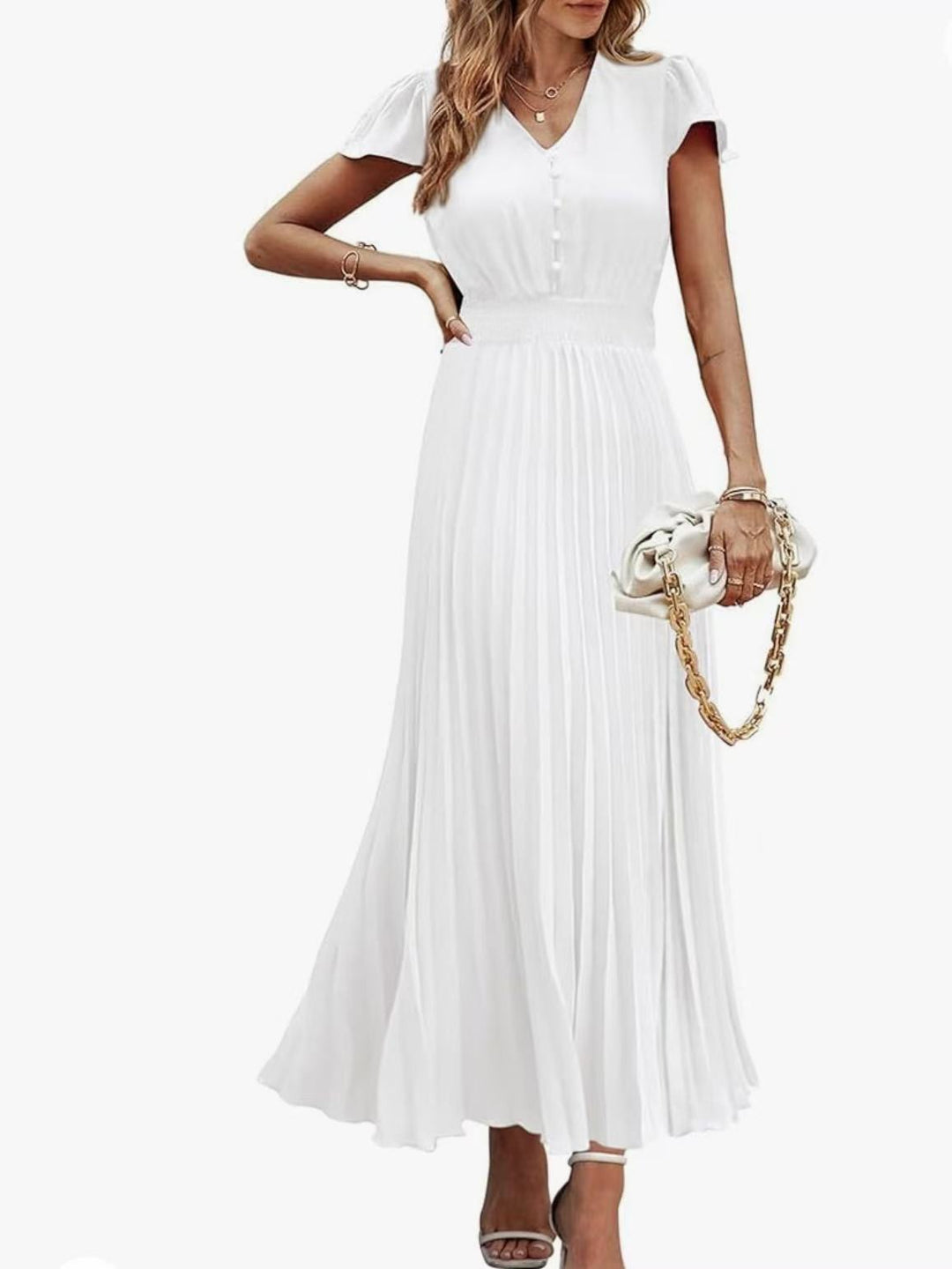 V-neck women's short-sleeved belted pleated dress