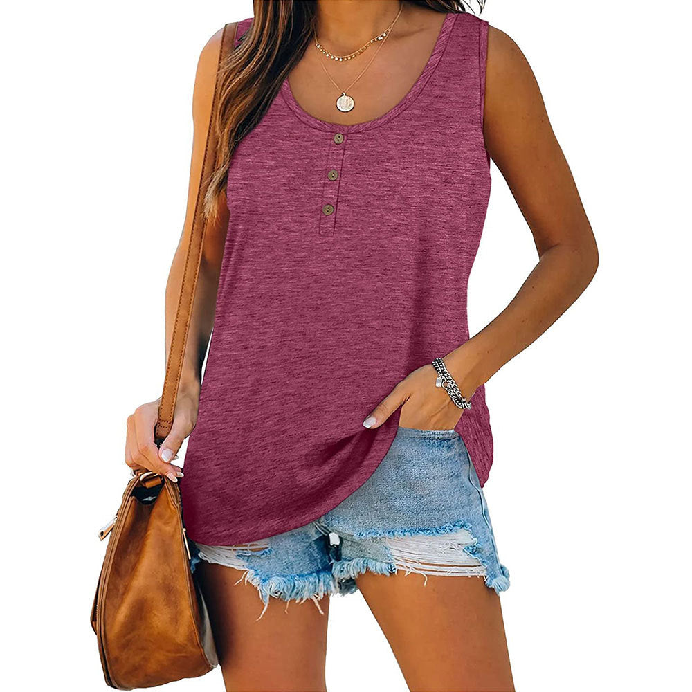 Solid color button loose crew neck sleeveless t-shirt