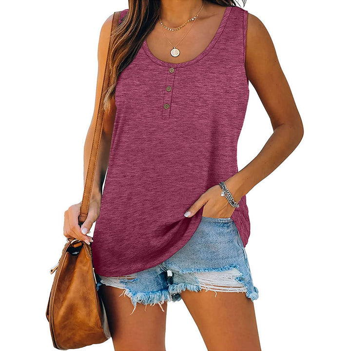 Solid color button loose crew neck sleeveless t-shirt