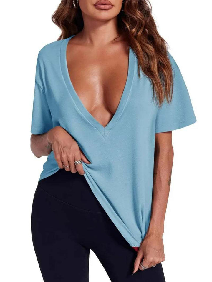 Solid color deep V-neck short-sleeved T-shirt