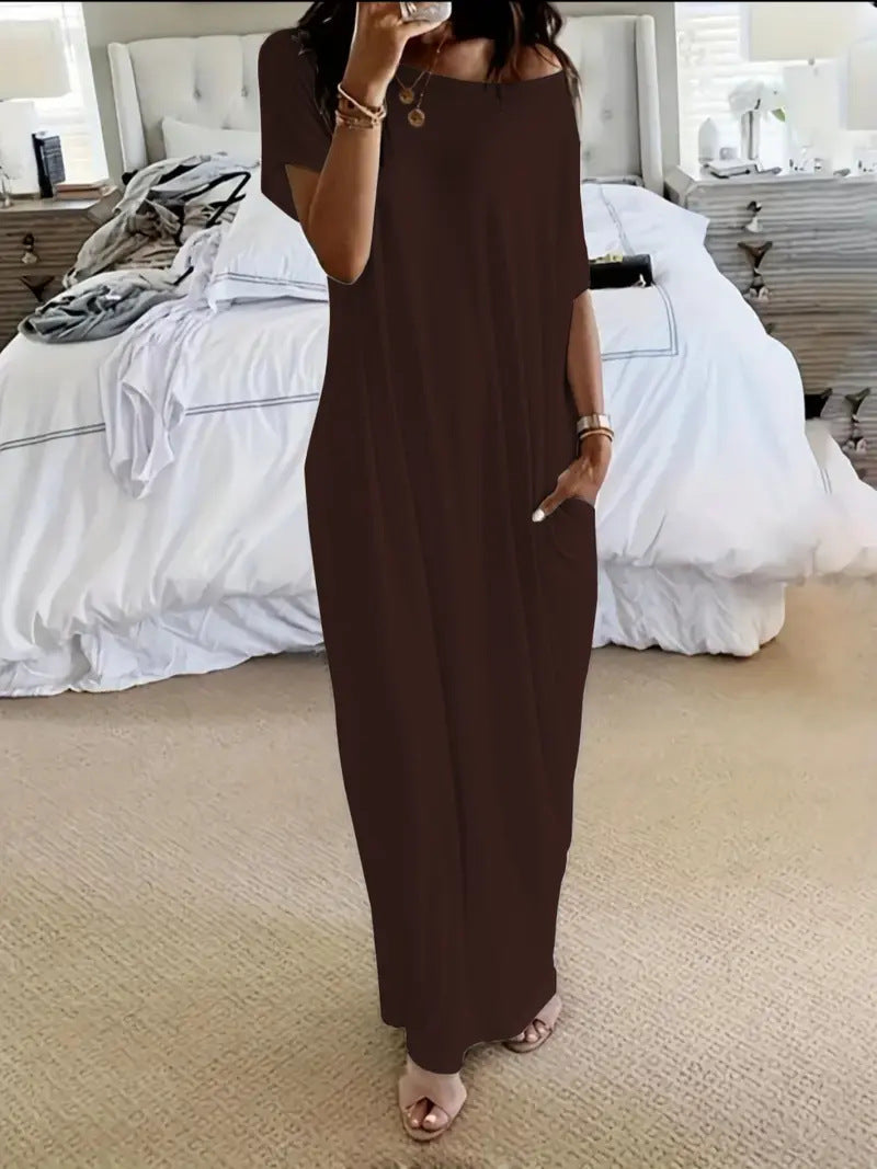 Solid color short-sleeved long casual dress