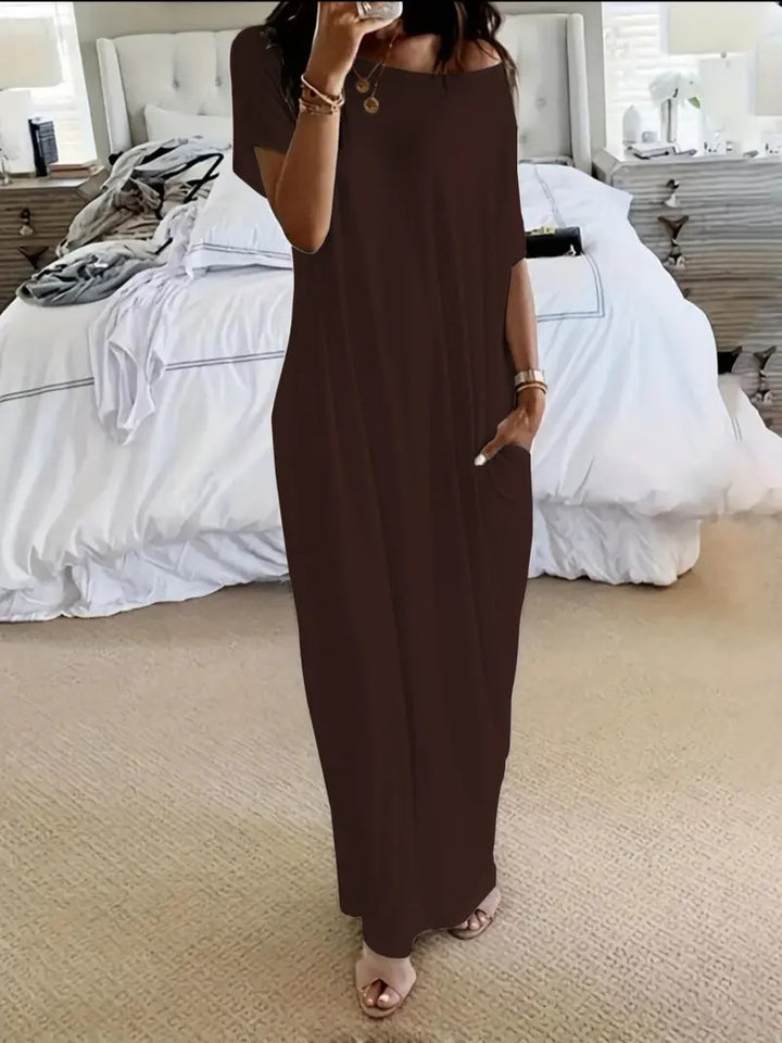 Solid color short-sleeved long casual dress