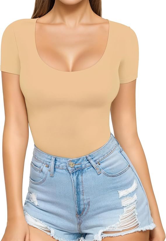 Women's low-cut round neck short-sleeved slim-fit T-shirt